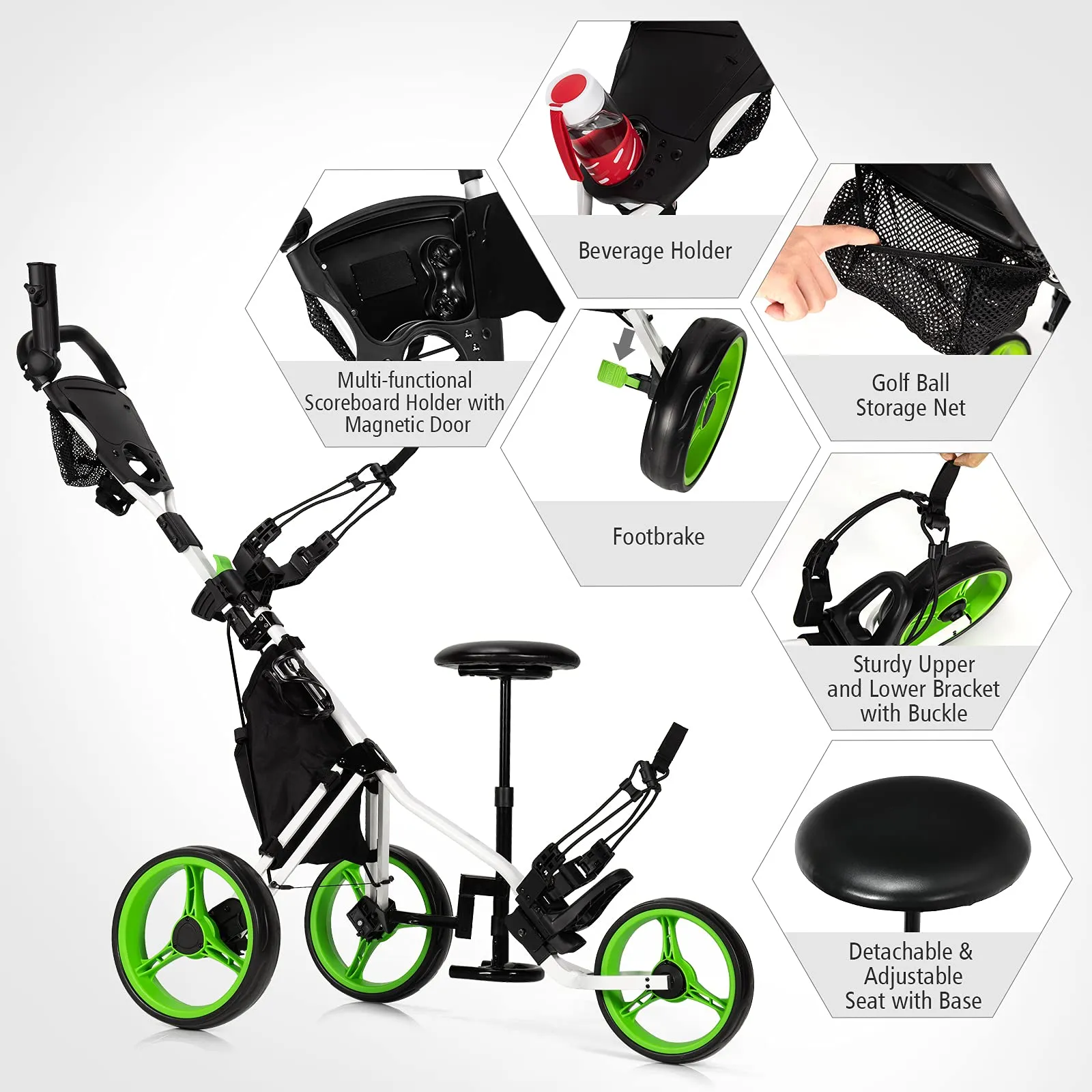 Tangkula Golf Push Pull Cart with Seat, Lightweight Foldable Collapsible 3 Wheels Golf Push Cart, Golf Trolley W/Storage Bag Foot Brake