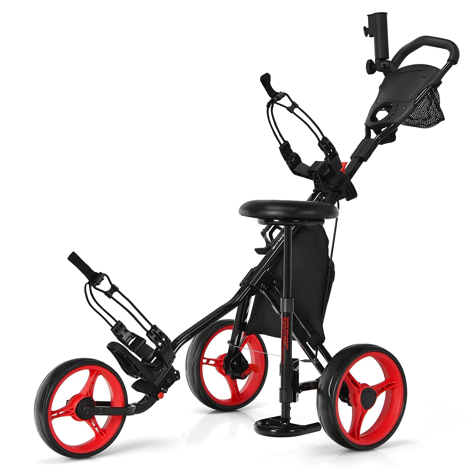 Tangkula Golf Push Pull Cart with Seat, Lightweight Foldable Collapsible 3 Wheels Golf Push Cart, Golf Trolley W/Storage Bag Foot Brake