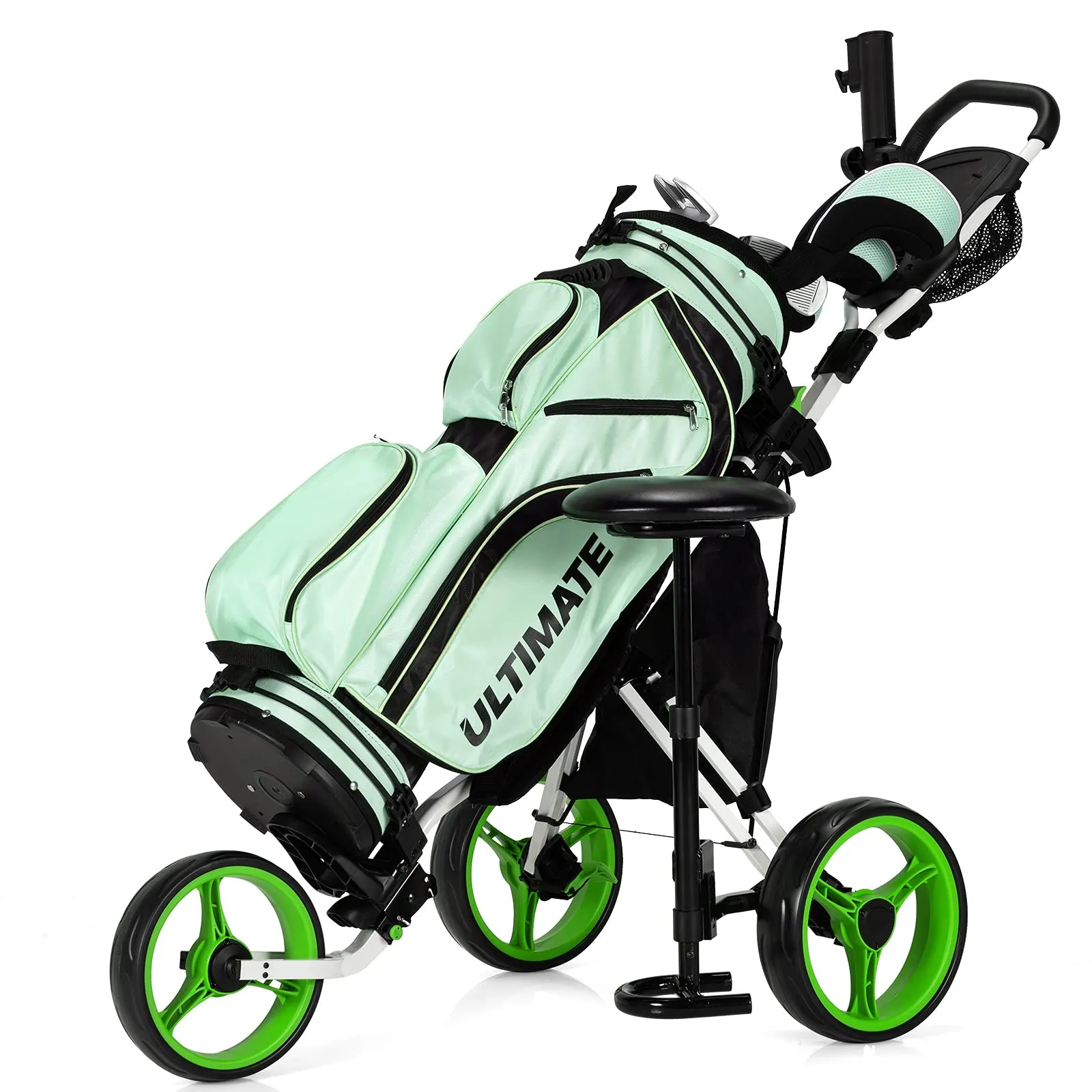 Tangkula Golf Push Pull Cart with Seat, Lightweight Foldable Collapsible 3 Wheels Golf Push Cart, Golf Trolley W/Storage Bag Foot Brake