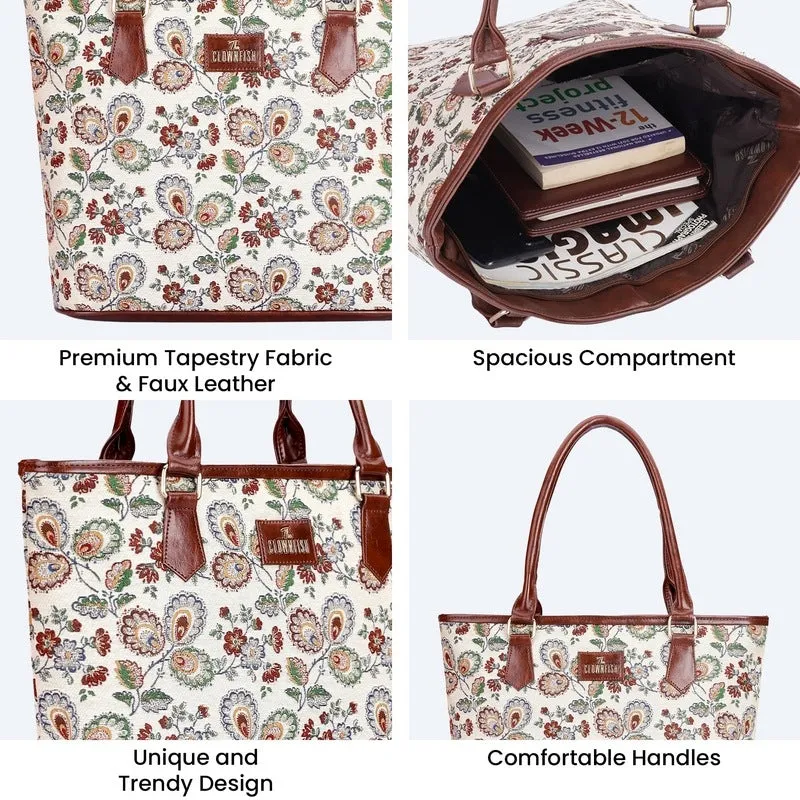 The Clownfish Justina Tapestry Fabric & Faux Leather Handbag for Women Office Bag Ladies Shoulder Bag Tote For Women College Girls (Dark Brown-Floral)