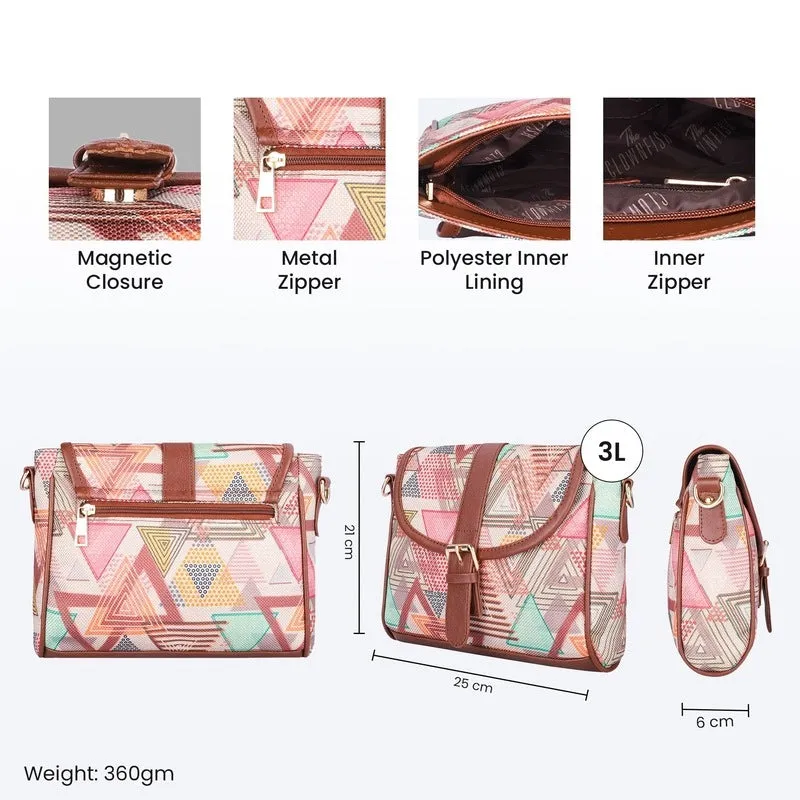 THE CLOWNFISH Madeline Printed Handicraft Fabric Handbag for Women Sling Bag Office Bag Ladies Shoulder Bag with Snap Flap Closure Tote For Women College Girls (Multicolour-Triangle Design)