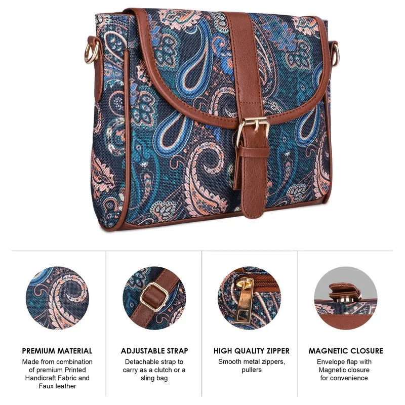 THE CLOWNFISH Madeline Printed Handicraft Fabric Handbag for Women Sling Bag Office Bag Ladies Shoulder Bag with Snap Flap Closure Tote For Women College Girls (Sapphire Blue-Paisley Print)