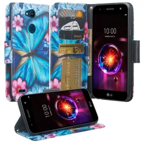 X Power 3 Case, LG X Power 3, Wrist Strap Leather Wallet Case [Kickstand] with Credit Card Slots - Blue Butterfly