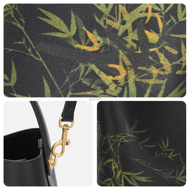 Xiangyunsha Silk Bamboo Print Crossbody Bucket Bag