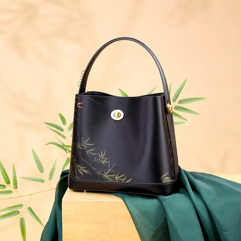 Xiangyunsha Silk Bamboo Print Crossbody Bucket Bag