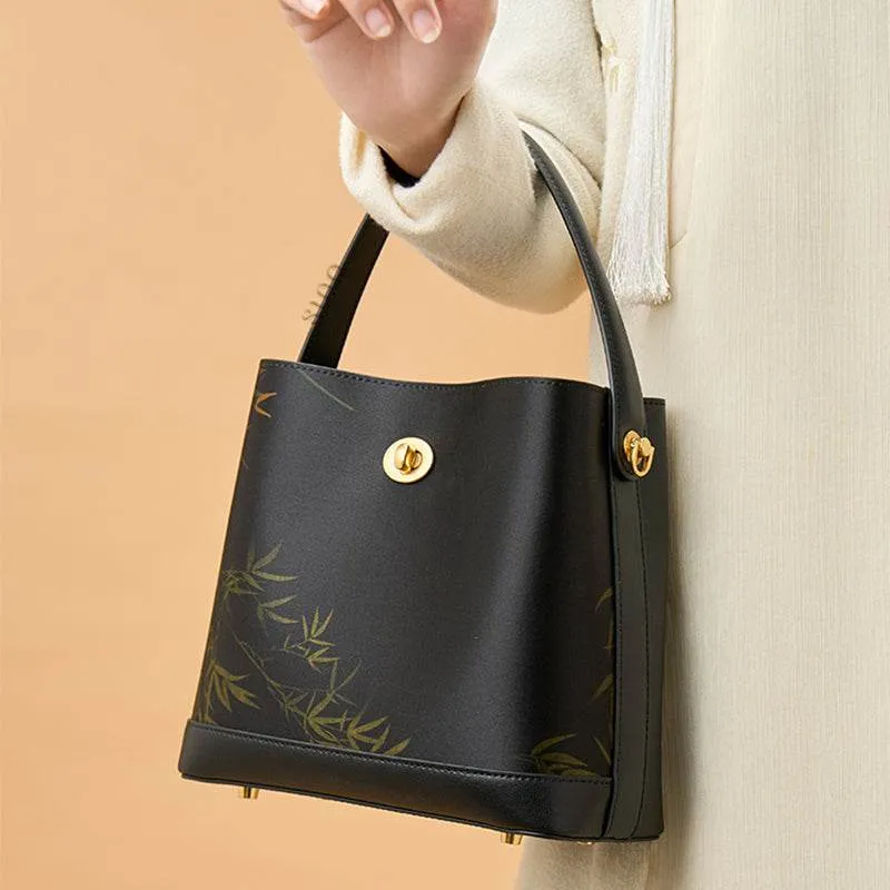 Xiangyunsha Silk Bamboo Print Crossbody Bucket Bag