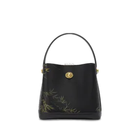 Xiangyunsha Silk Bamboo Print Crossbody Bucket Bag